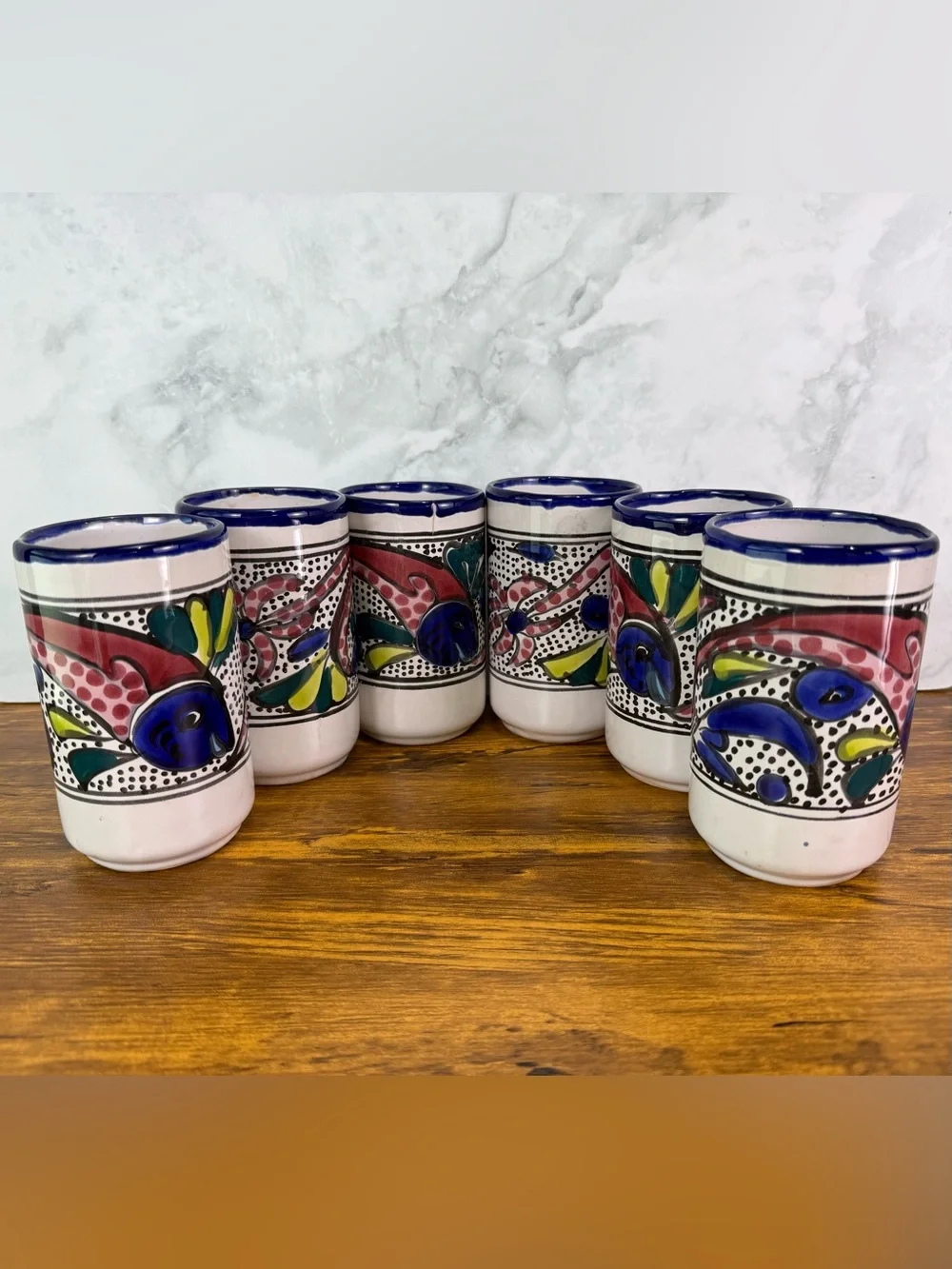 Set of 6 Mexican Talavera Style Pottery Tumblers Hand Painted Fish Folk Art Cups